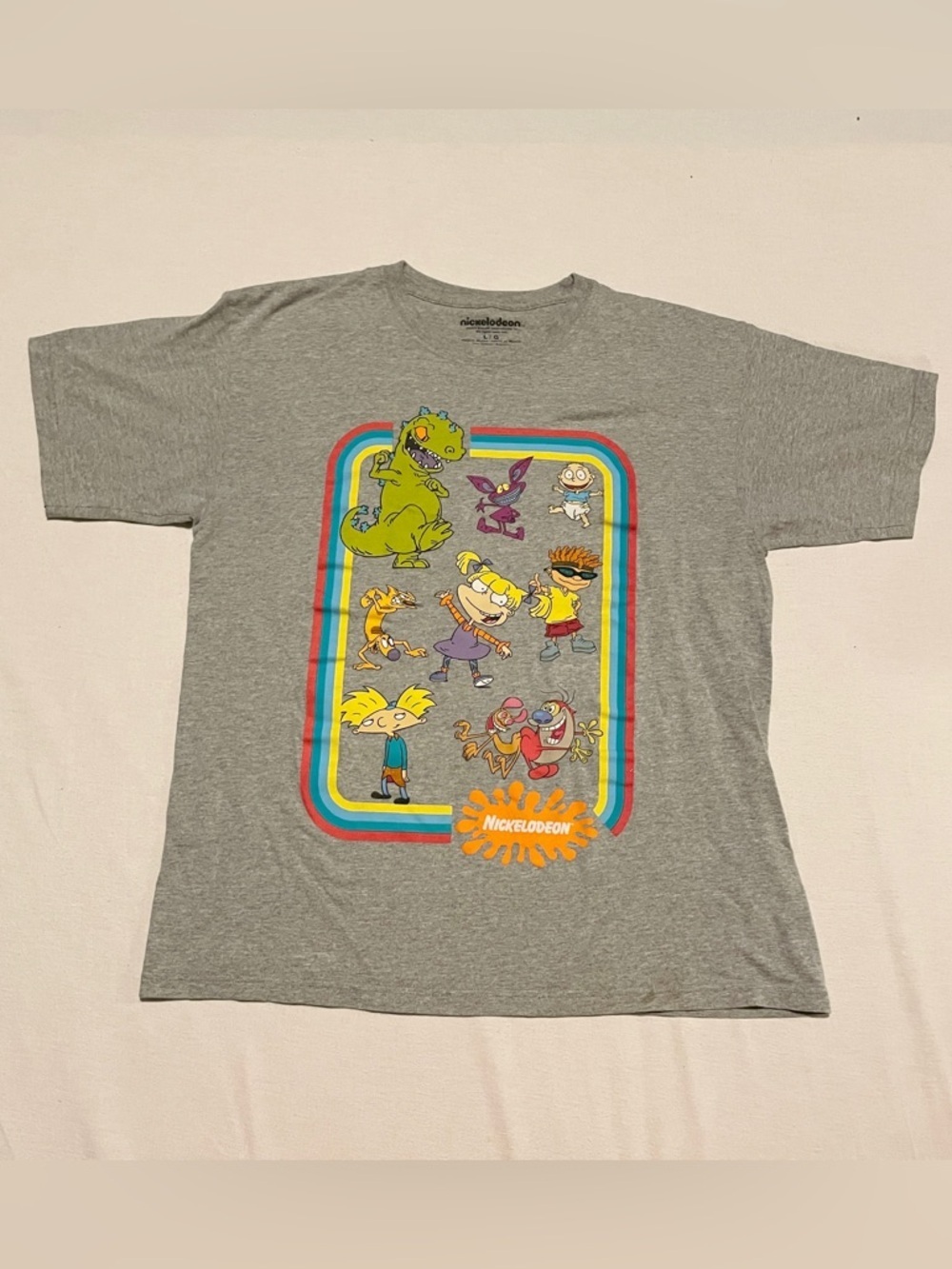 Nickelodeon 90s Retro Cartoon Characters T-Shirt L Rugrats Hey Arnold CatDog